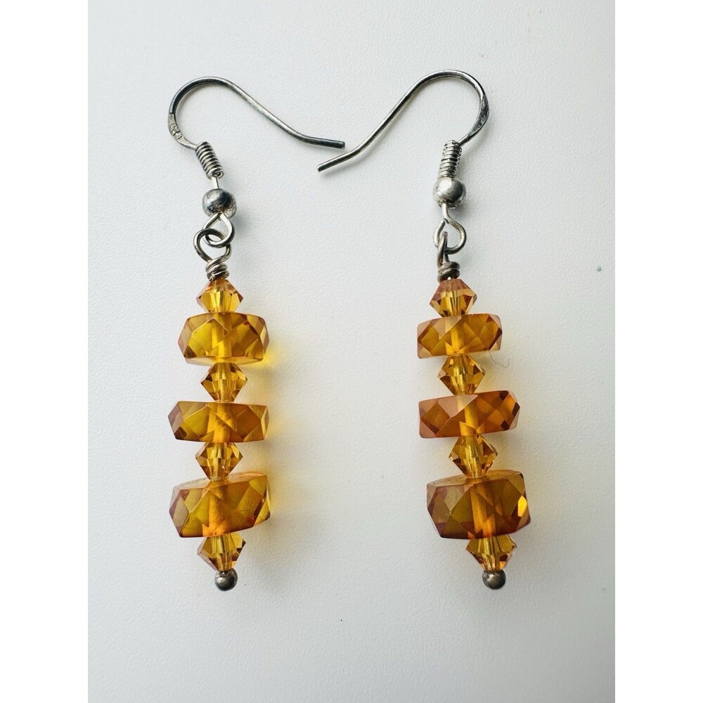 925 Sterling Silver Faceted Amber Color Bead Earrings